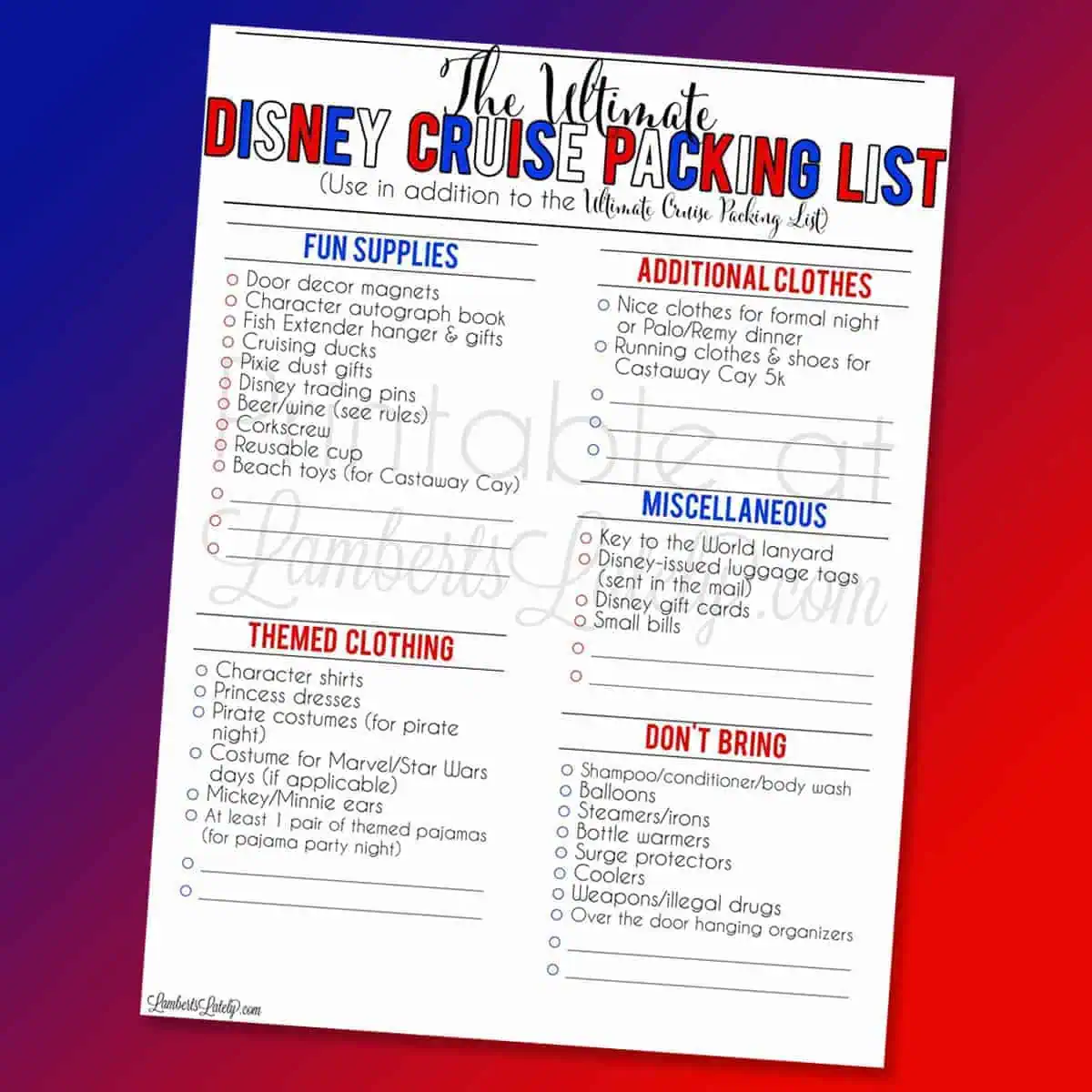 disney cruise packing list printable.