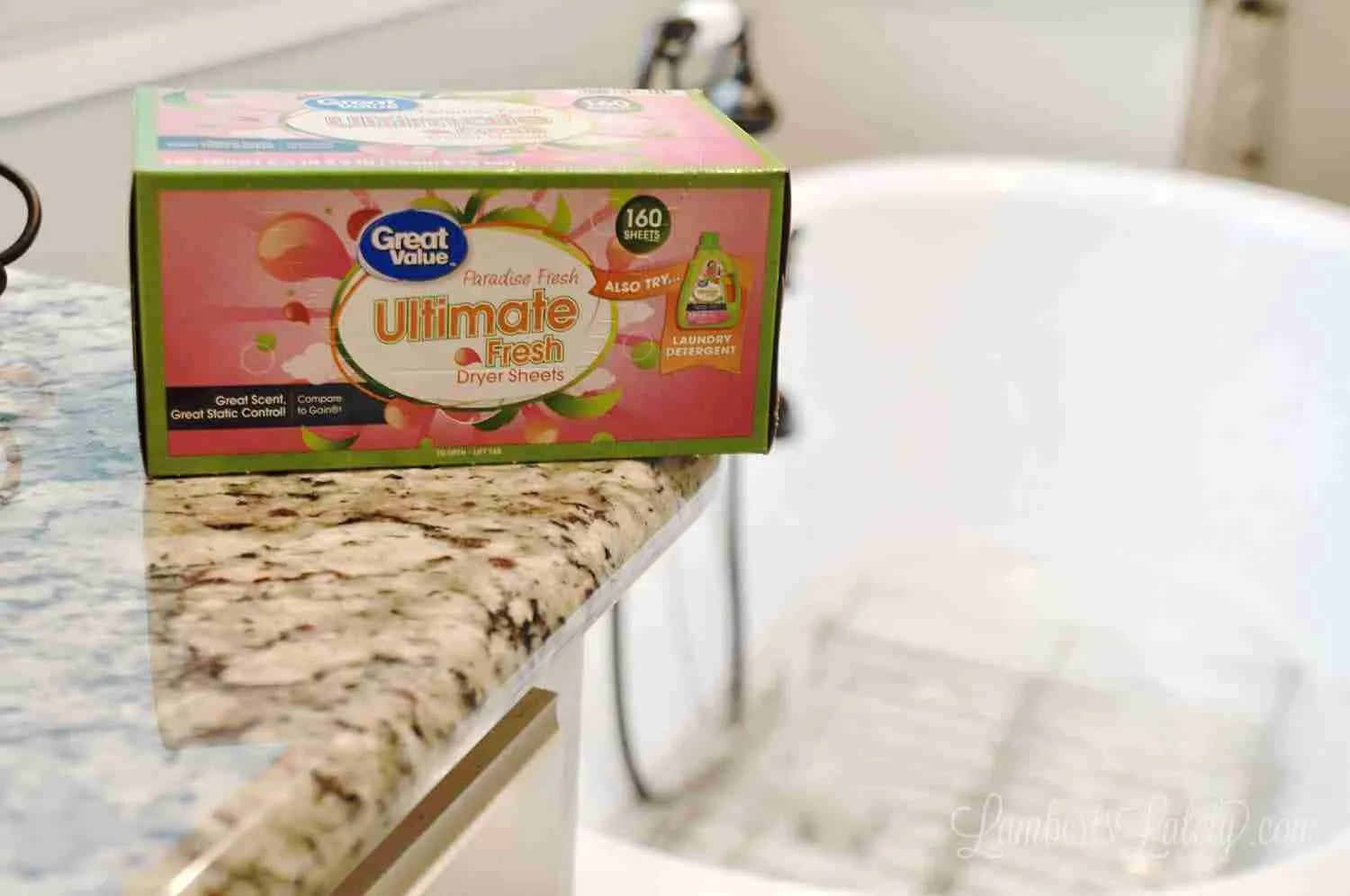 dryer sheets next to a bathtub filled with hot water