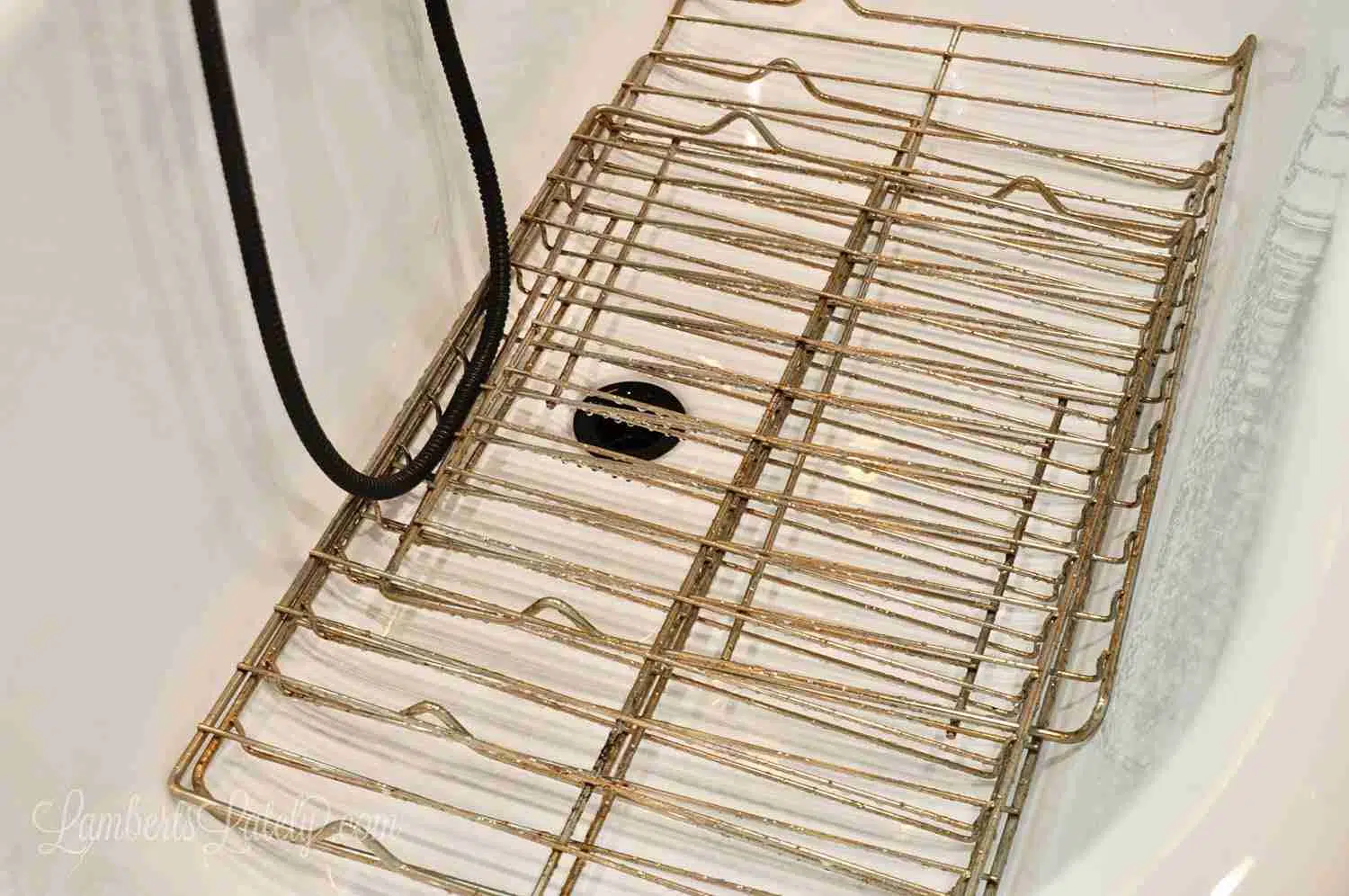 clean oven racks in a bathtub