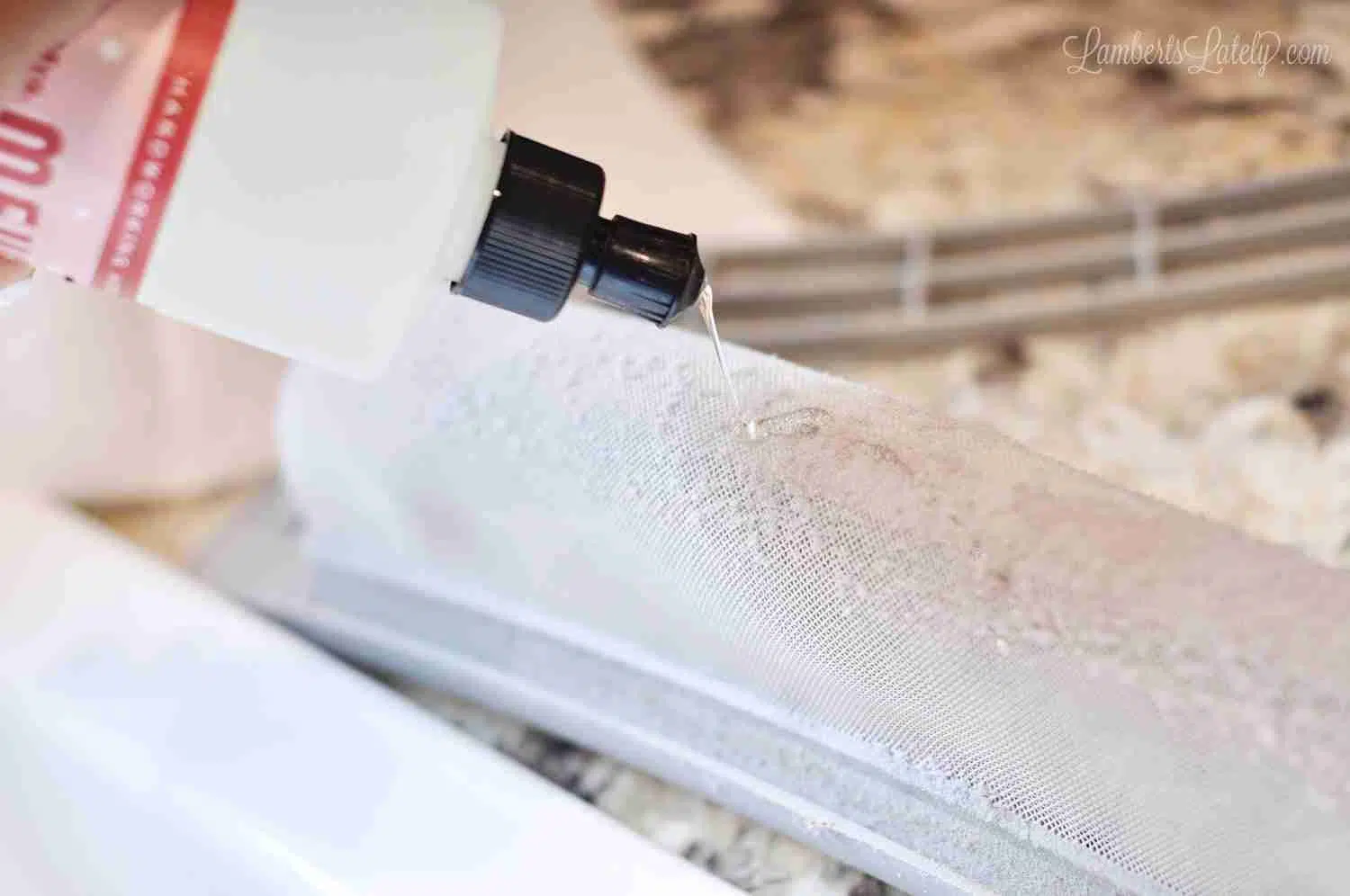 pouring dish soap on a dryer filter