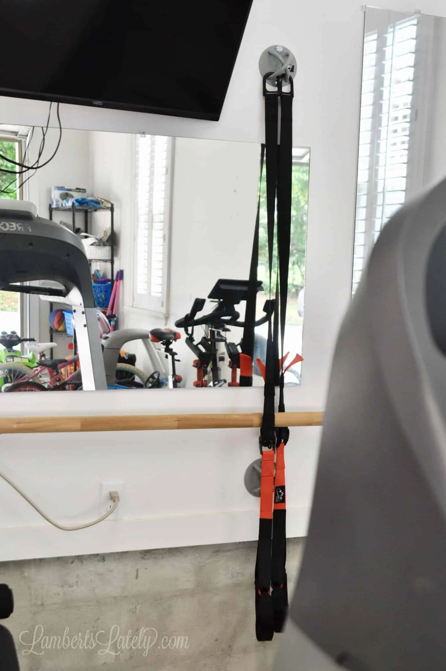 trx bands hanging on a wall in front of a mirror.