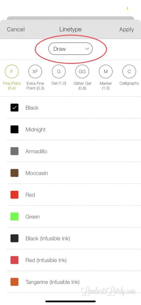 selecting draw function in cricut app