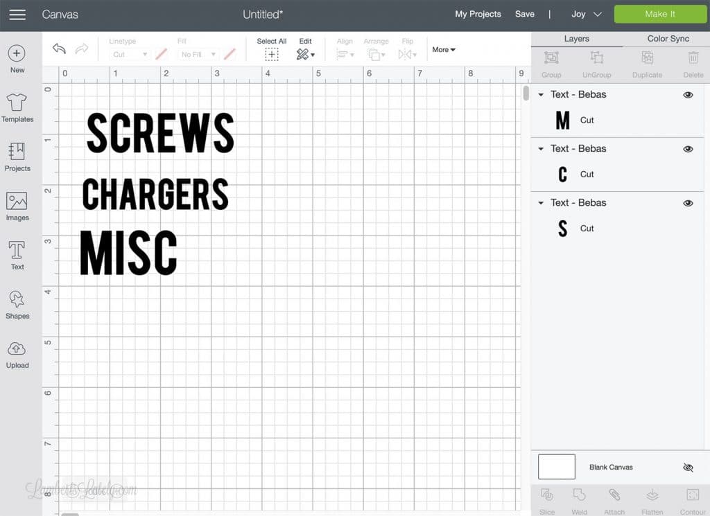 words screws, chargers, misc on Cricut software design page