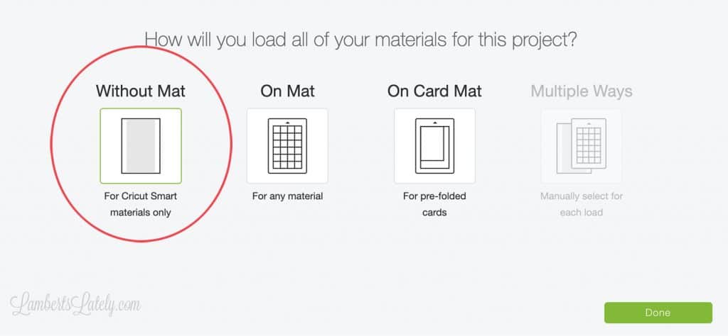 screenshot of Cricut software; selecting cut without mat