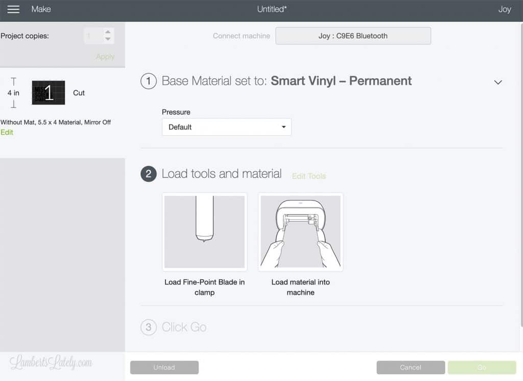 screenshot of Cricut software; selecting vinyl and cut