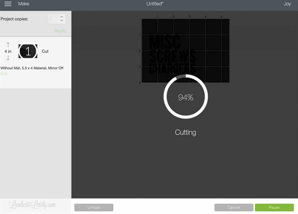 screenshot of Cricut software as vinyl is cutting