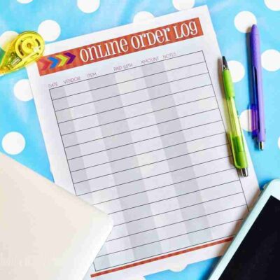 online order log printable on a blue polka dot background.