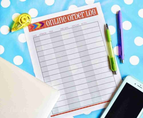 online order log printable on a blue polka dot background.