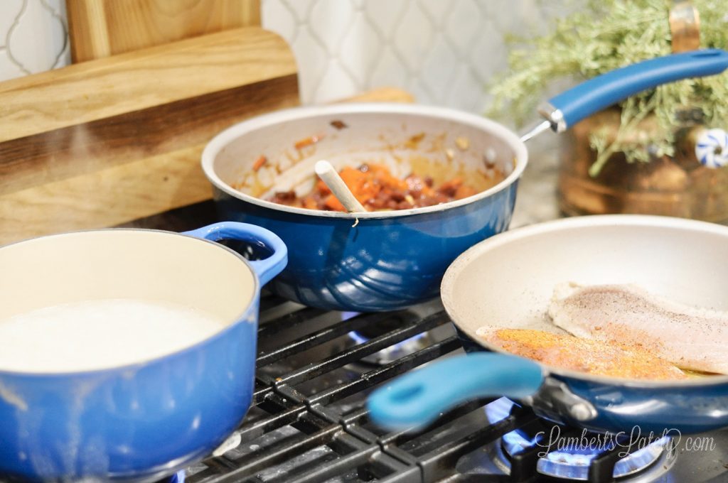 pans of food on a stovetop