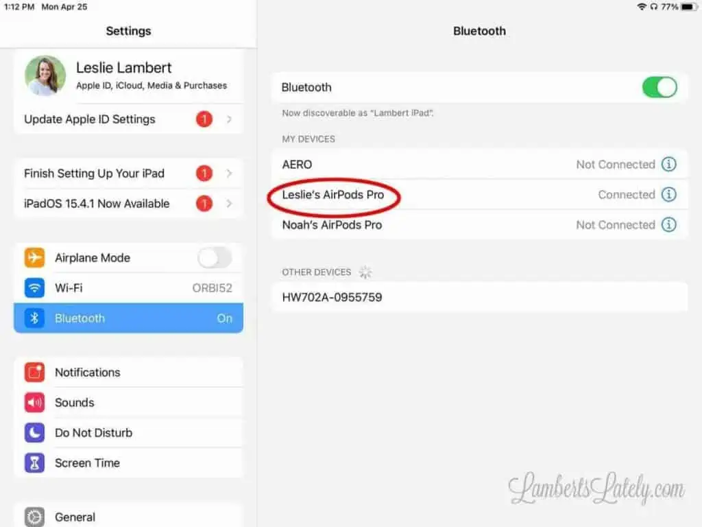 Settings in an iPad with AirPods pro circled.