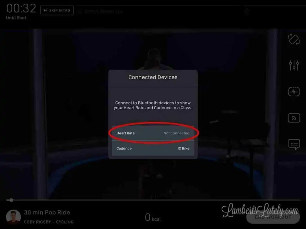 Heart rate option circled in connected devices on Peloton app.