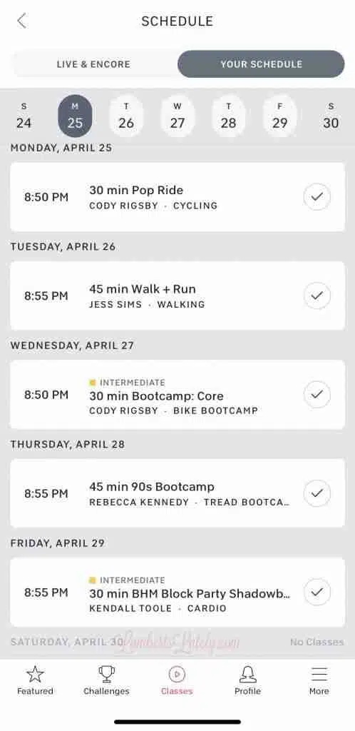 Schedule in Peloton app.