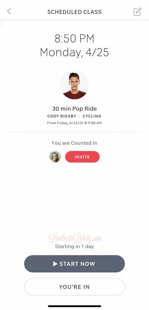 Scheduled class in Peloton app.