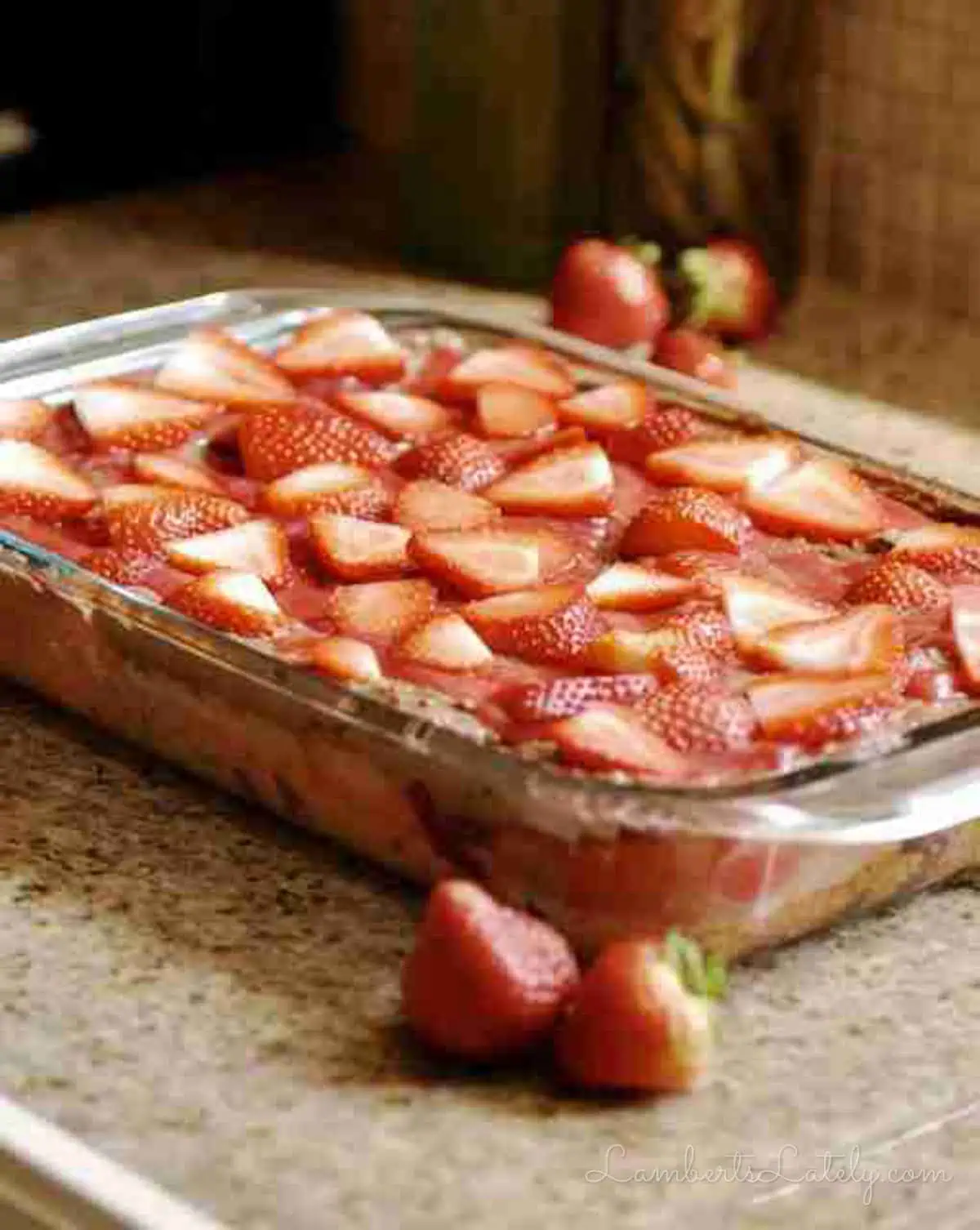 chocolate strawberry earthquake cake in a baking dish.