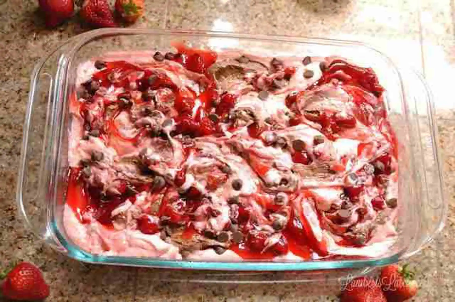 strawberry earthquake cake mixture swirled together before baking.