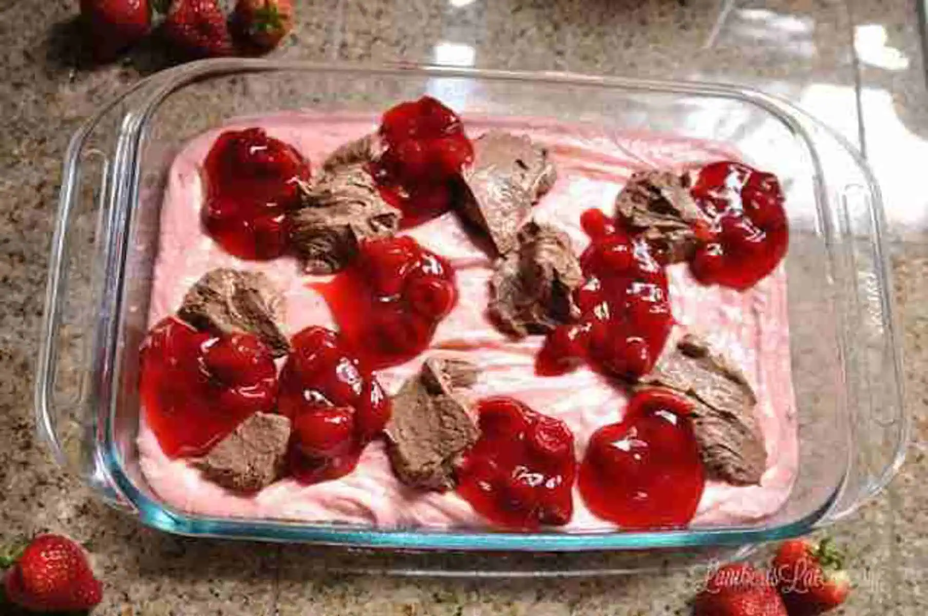 strawberry pie filling added to mixture.