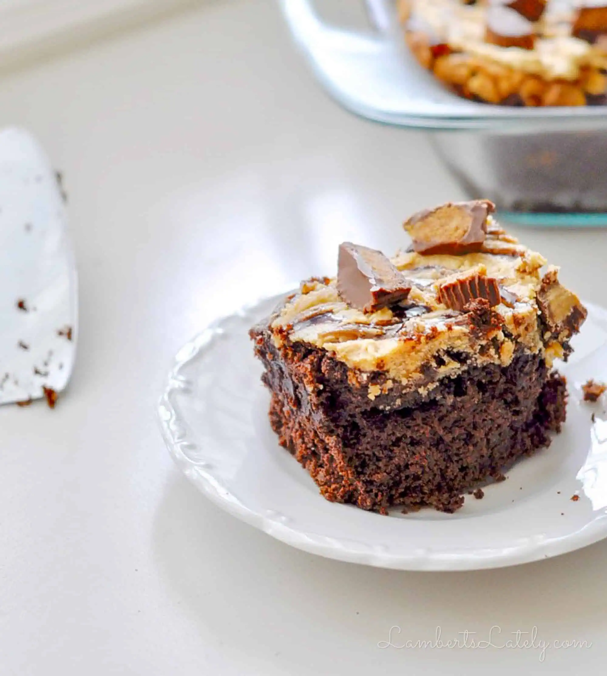 piece of reese's peanut butter cup cake on a plate.