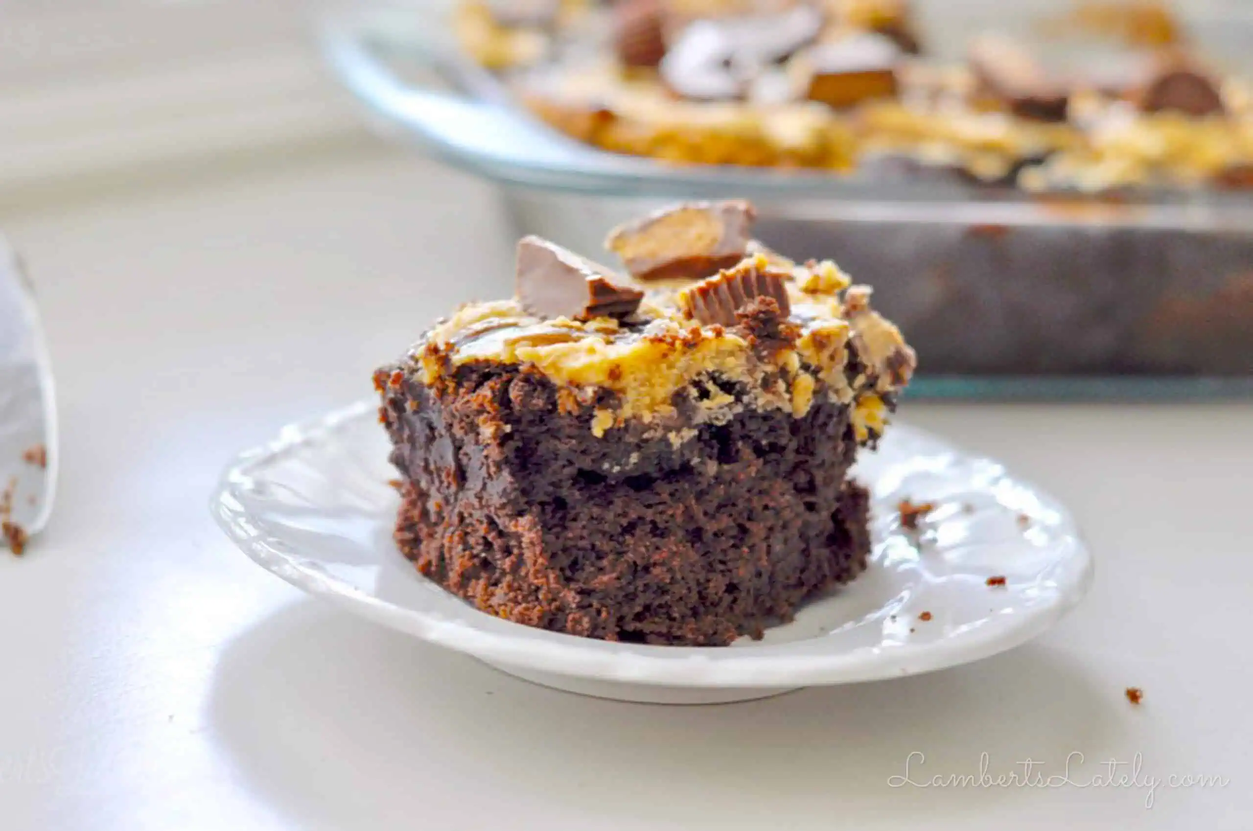 piece of reese's peanut butter cup cake on a plate.