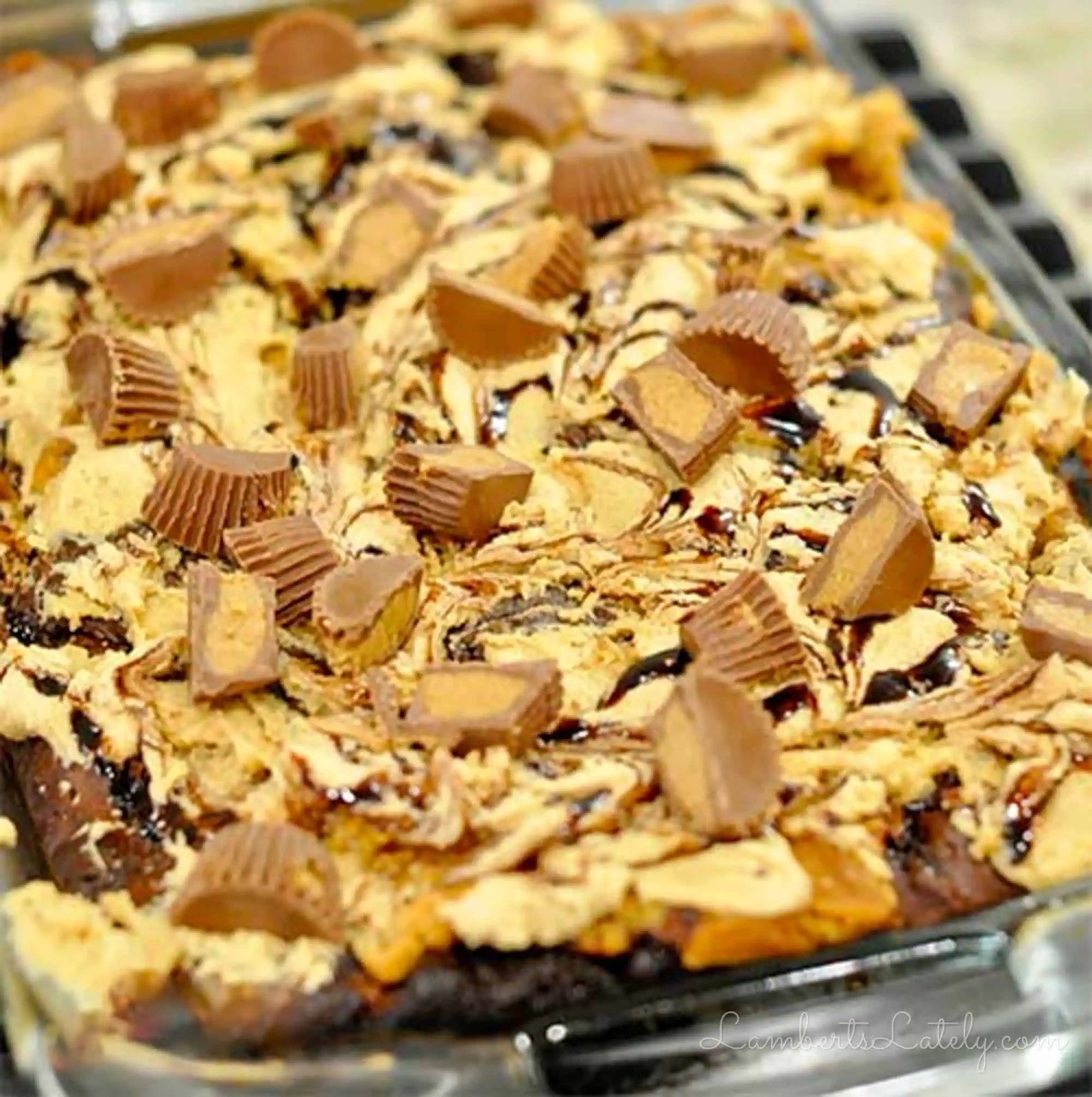 frosting, chocolate, and peanut butter cups on tops of a cake.