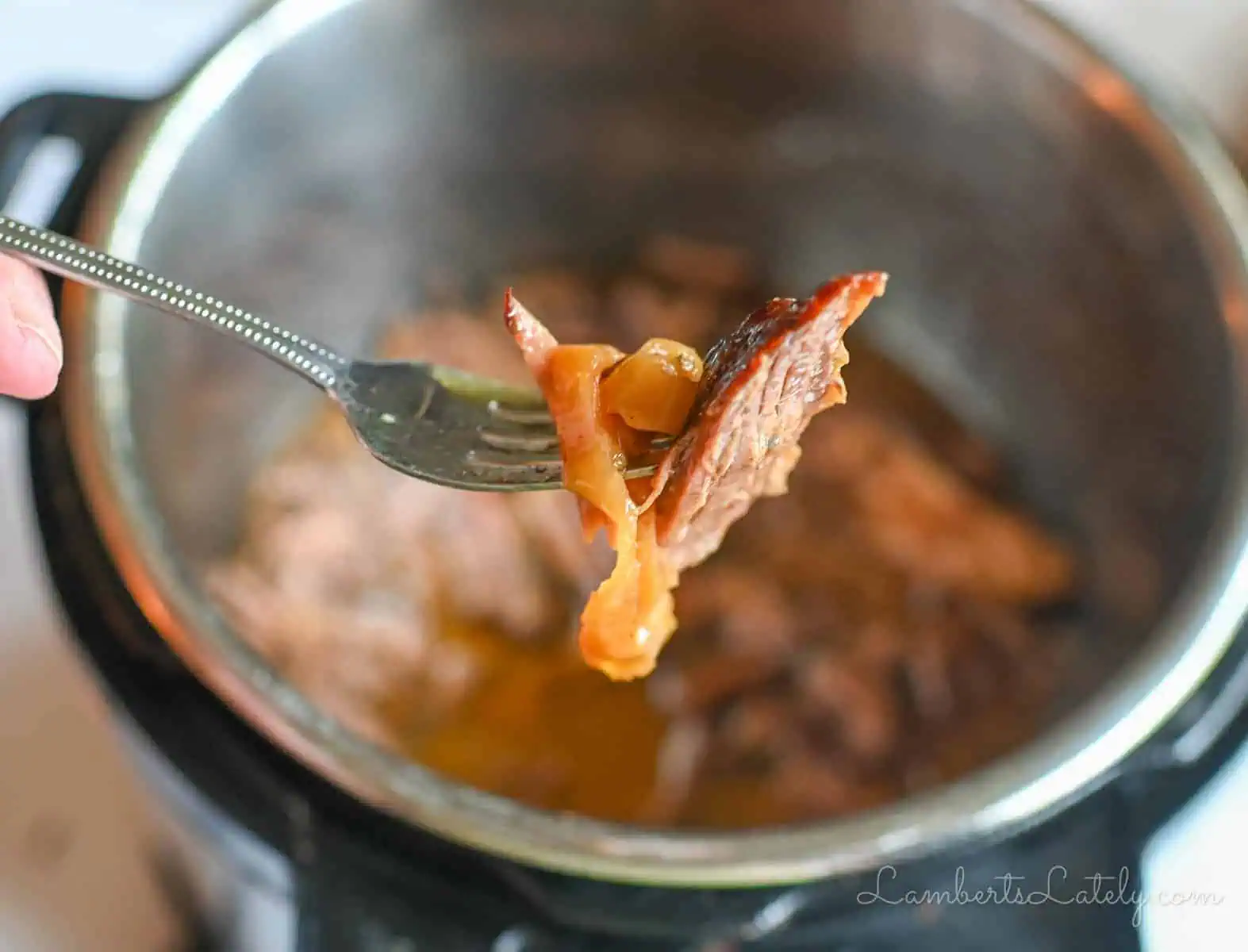 piece of pot roast on a fork in front of an instant pot.