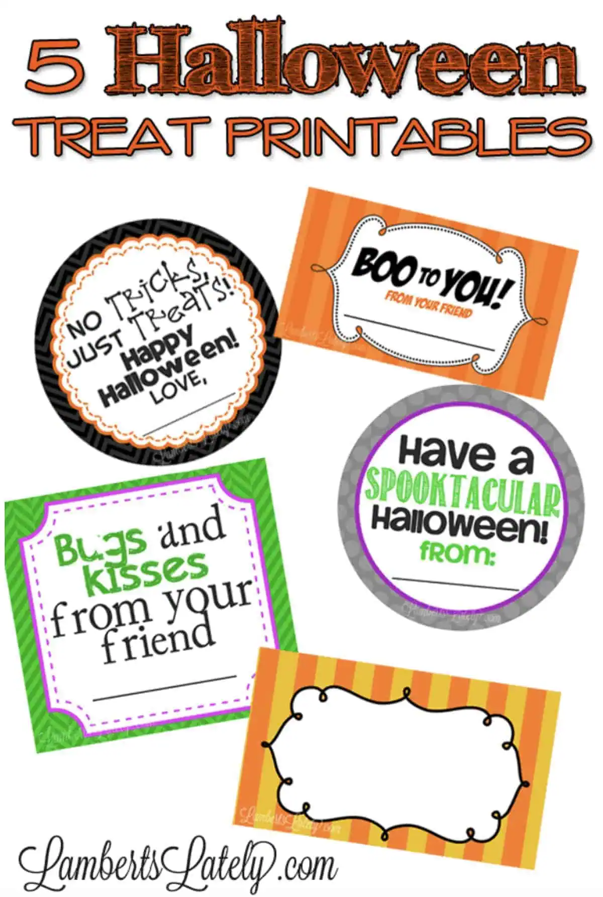 5 halloween treat printables, with pictures of tags.