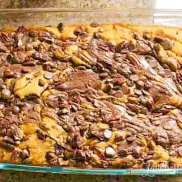 baked pumpkin earthquake cake in a baking dish.