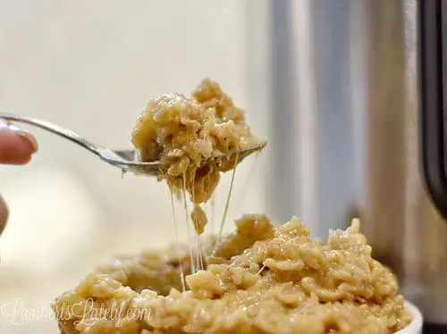 holding a fork of cheesy chicken and rice in front of an instant pot.