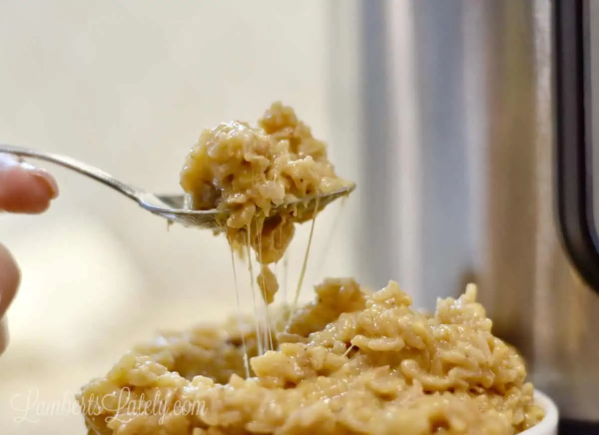 holding a fork of cheesy chicken and rice in front of an instant pot.