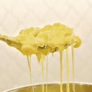 holding a spoon of mac and cheese above an instant pot.