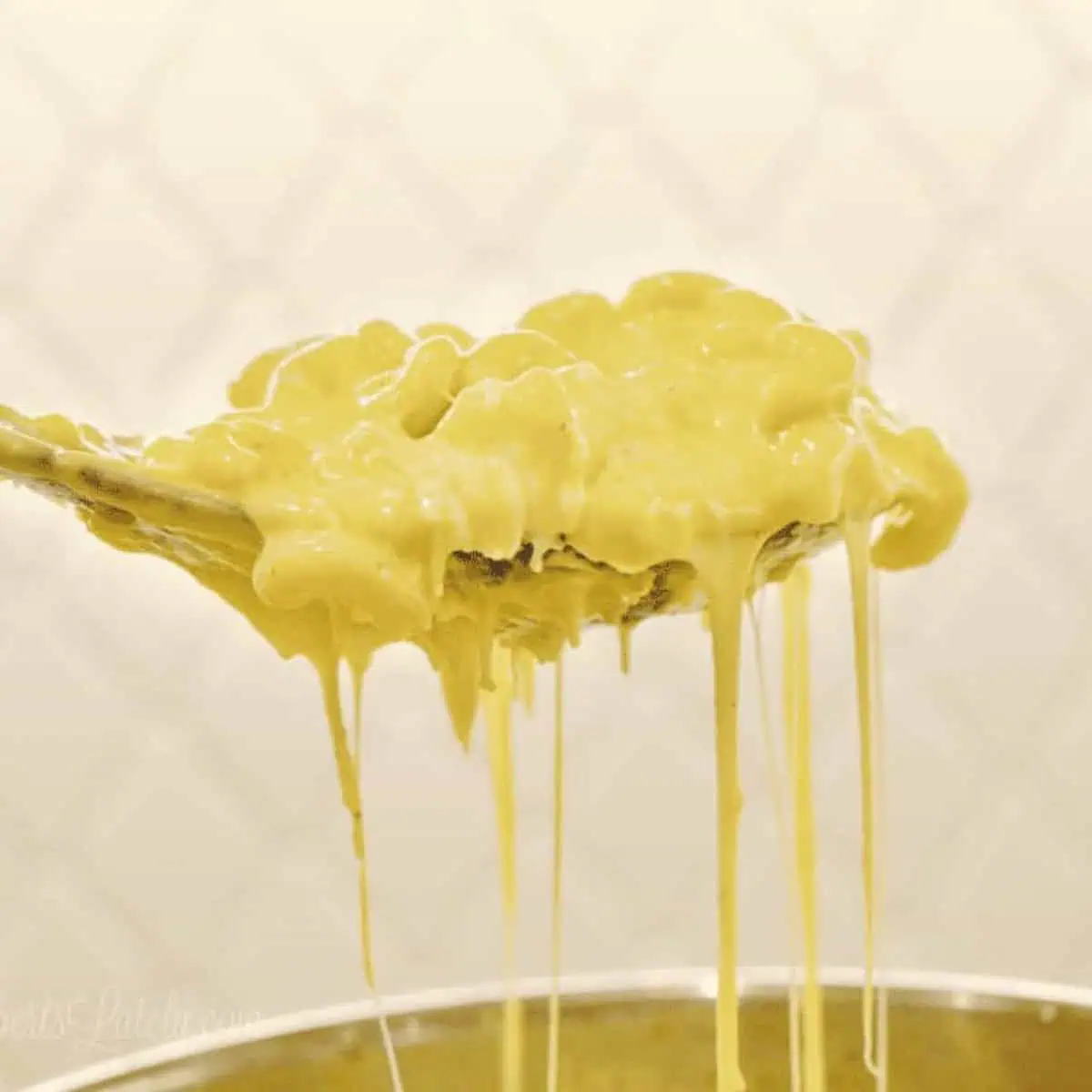 holding a spoon of mac and cheese above an instant pot.