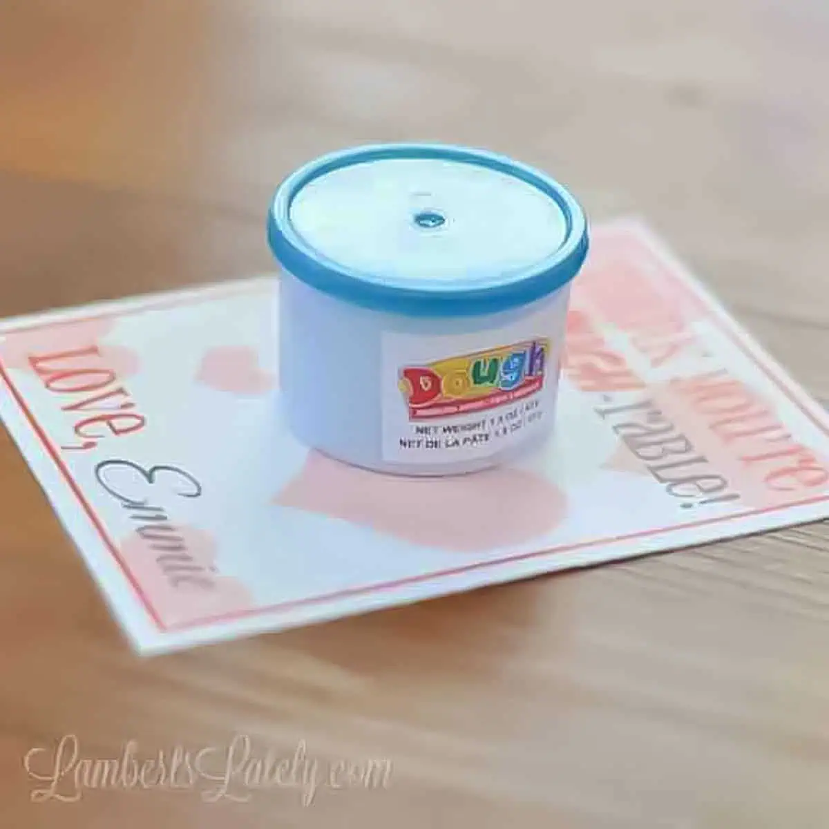 Free Printable Valentines for Play-doh with small jar of dough on top.