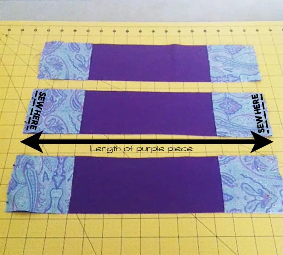 demonstration of where and how to sew quilt squares together.