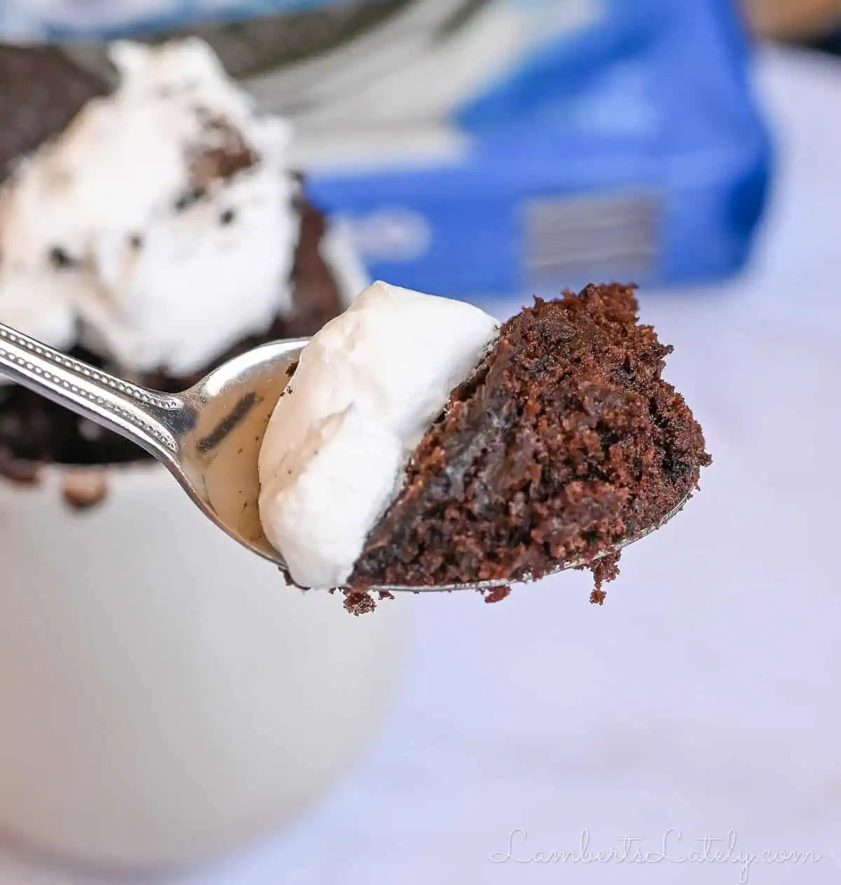 spoon of oreo mug cake.
