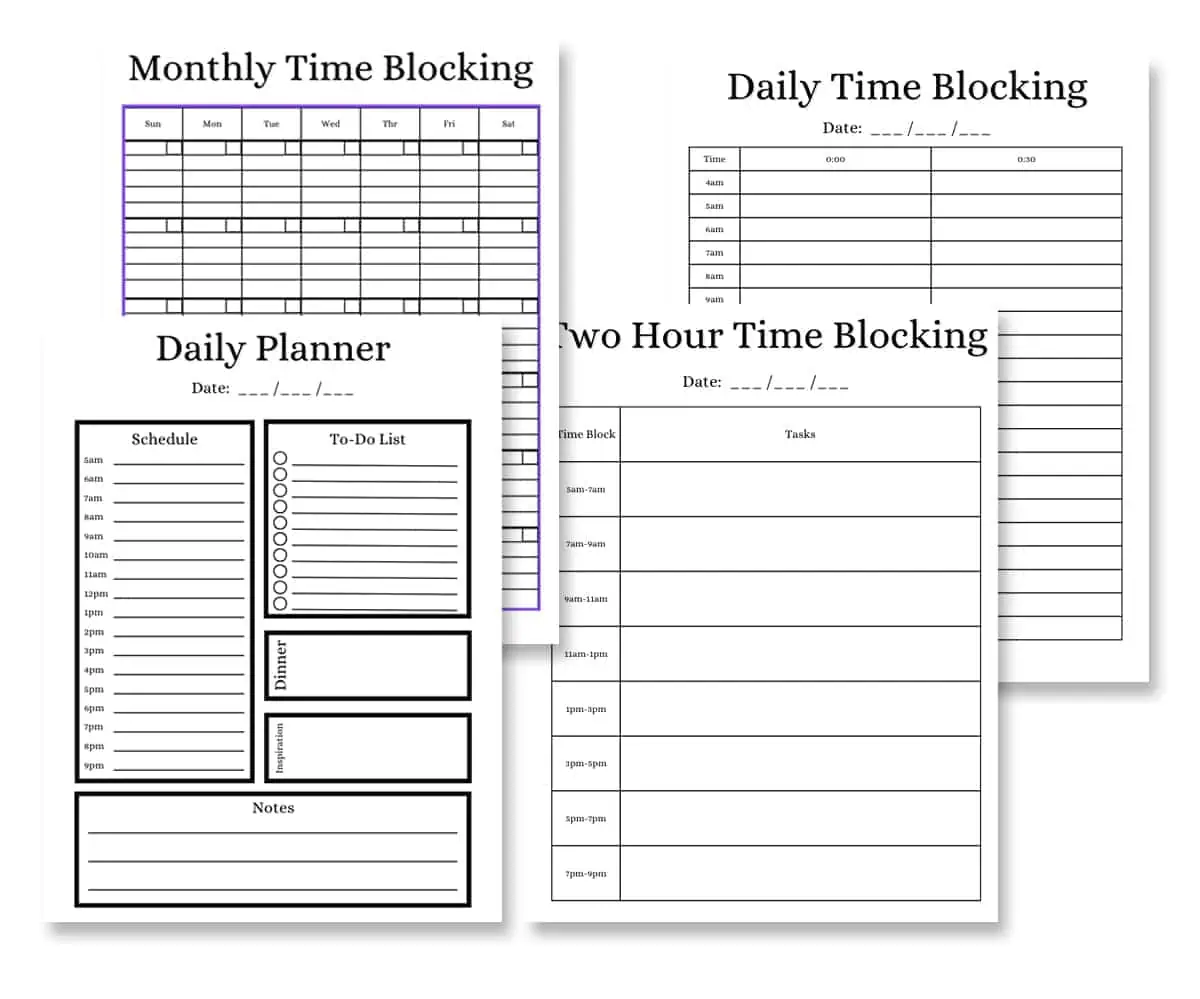 simple black & white time blocking template printables.