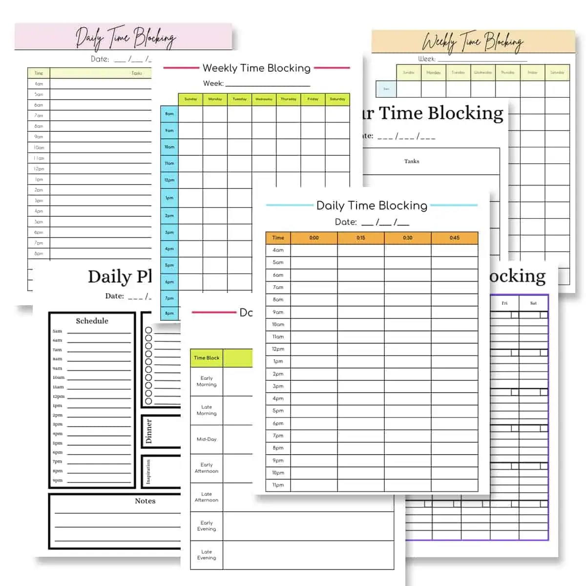 collection of different time blocking template printables.