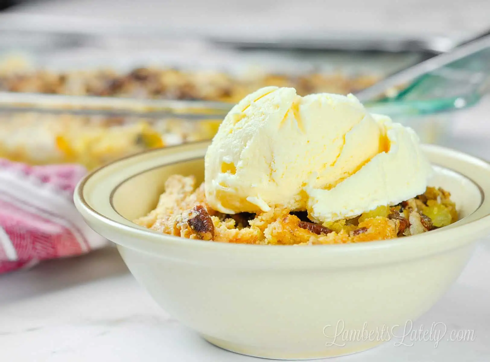 bowl of dump cake and ice cream.