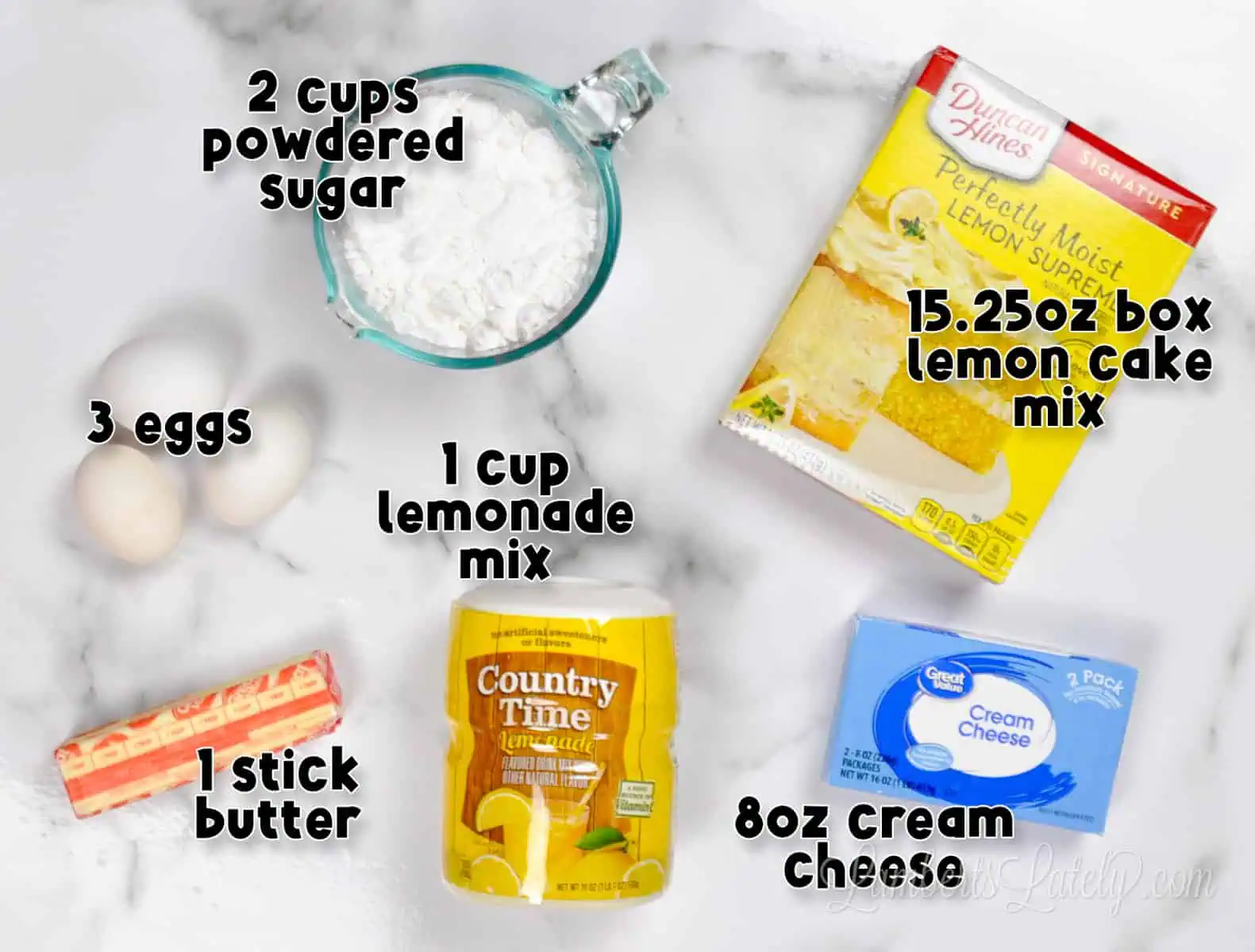 ingredients in lemon cream cheese bars on a counter.