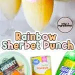 collage of rainbow sherbet punch in a glass and its ingredients.