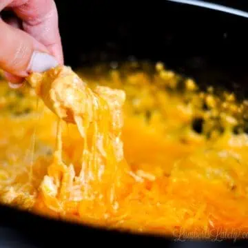 scooping buffalo chicken dip out of crock pot with a tortilla chip.