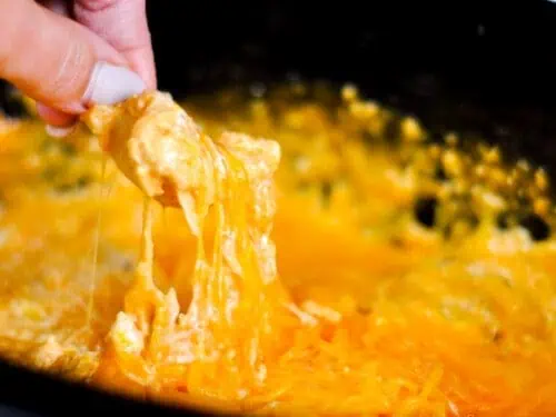scooping buffalo chicken dip out of crock pot with a tortilla chip.