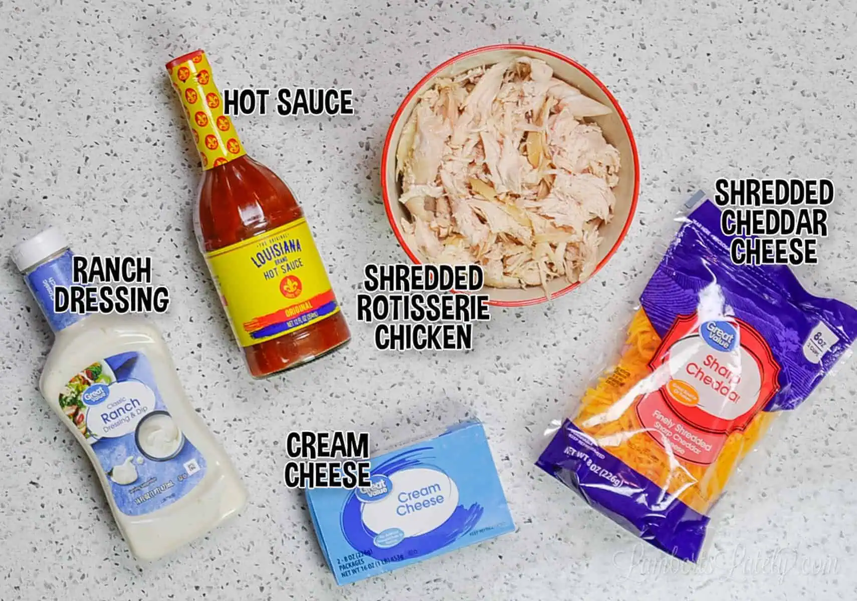 ingredients for buffalo chicken dip.