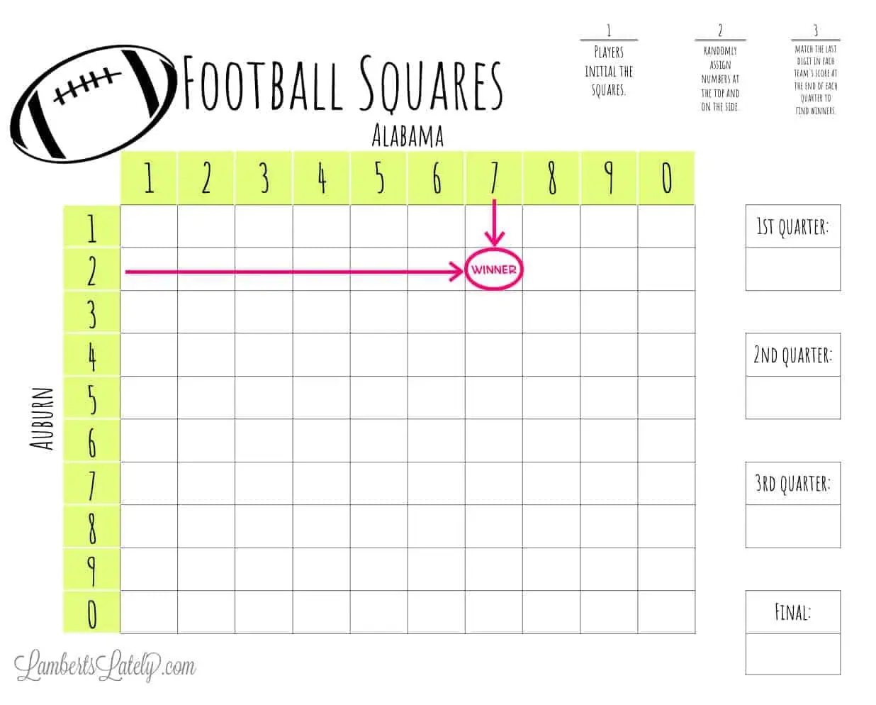 example football squares printable, where 7 and 2 meet on the board.
