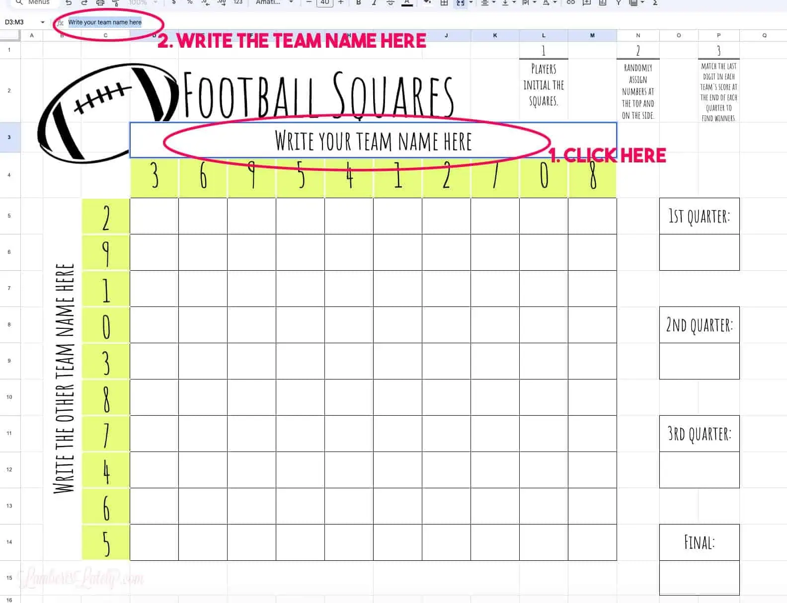 demonstration of how to write team names into the football squares template.