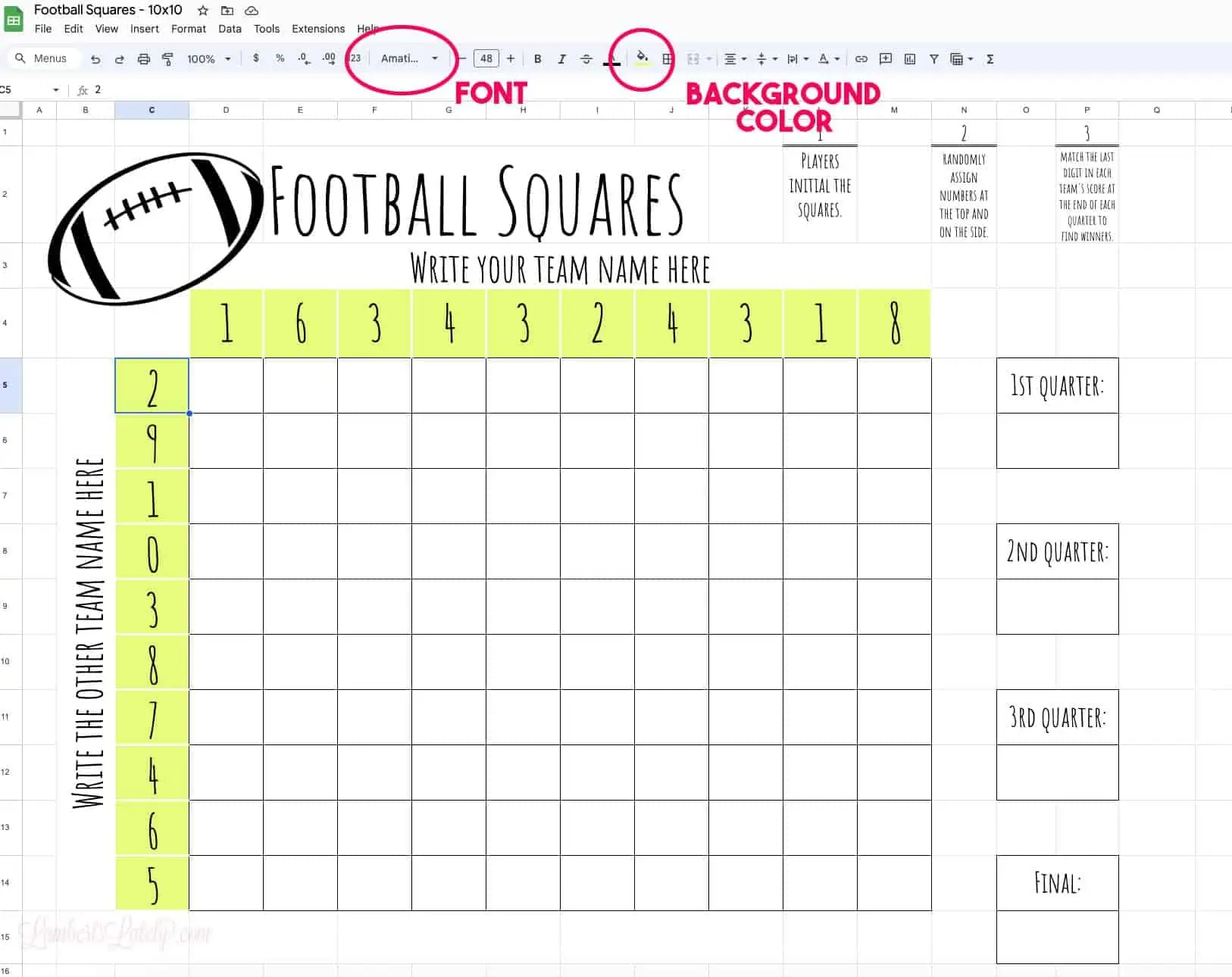 how to change font and background color on football squares template.