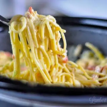 pulling a fork full of chicken spaghetti out of a crock pot.