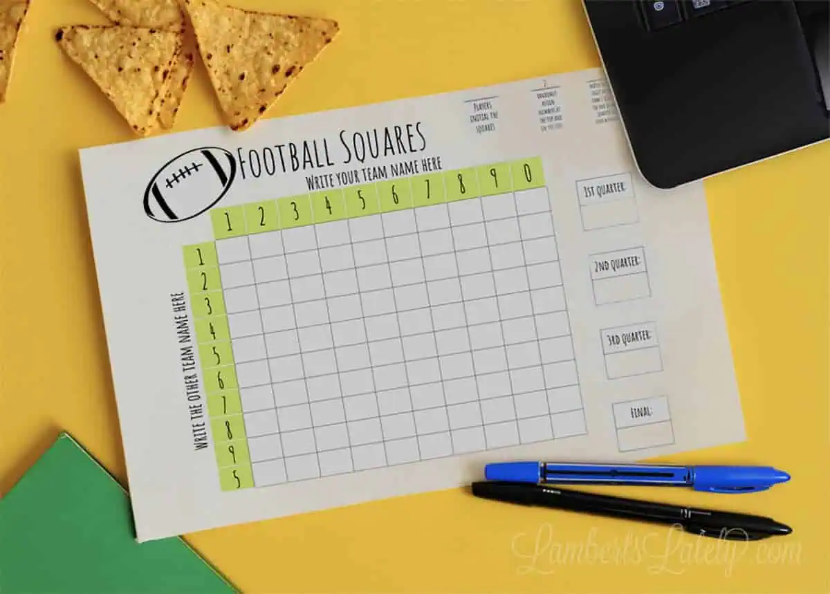 football squares page on a yellow background, with computer, book, chips, and pens.