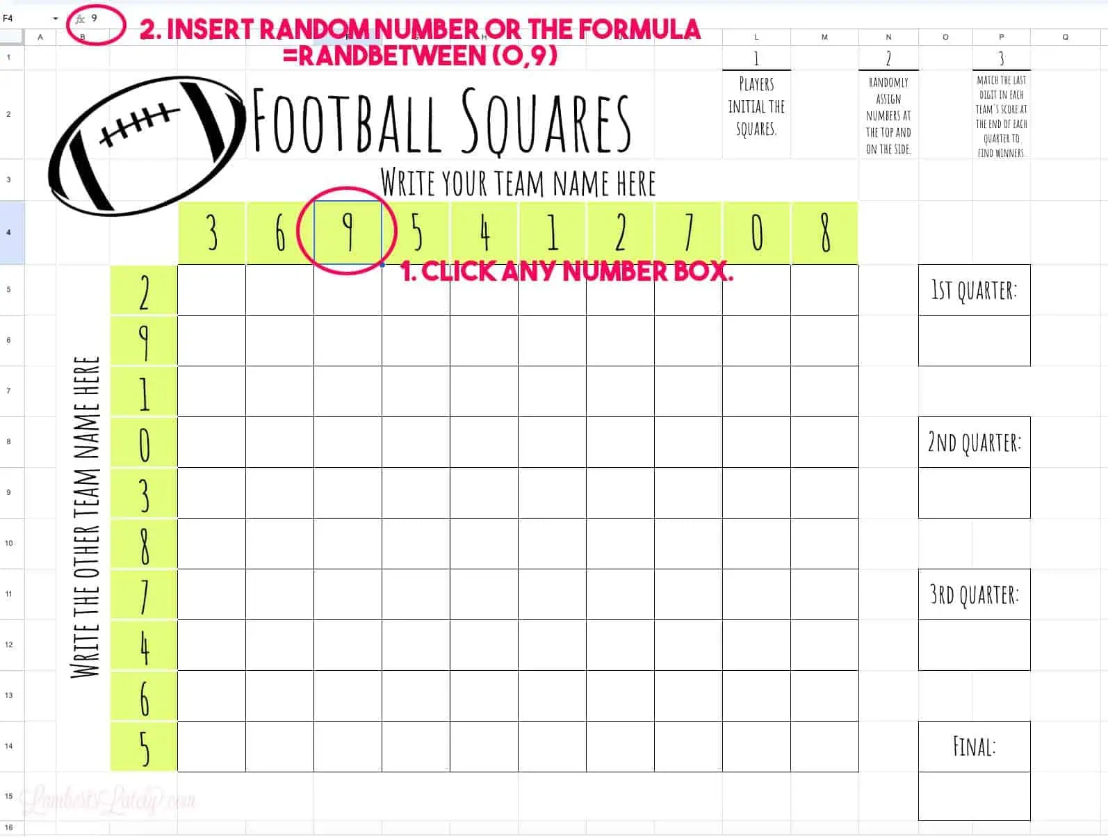 showing how to put random numbers in football squares template.