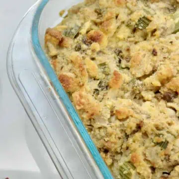 glass dish of jiffy cornbread dressing.