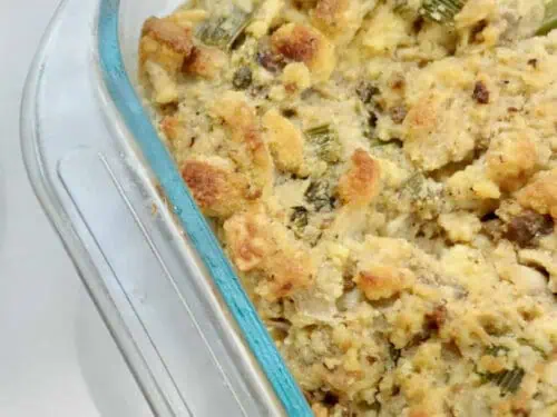 glass dish of jiffy cornbread dressing.