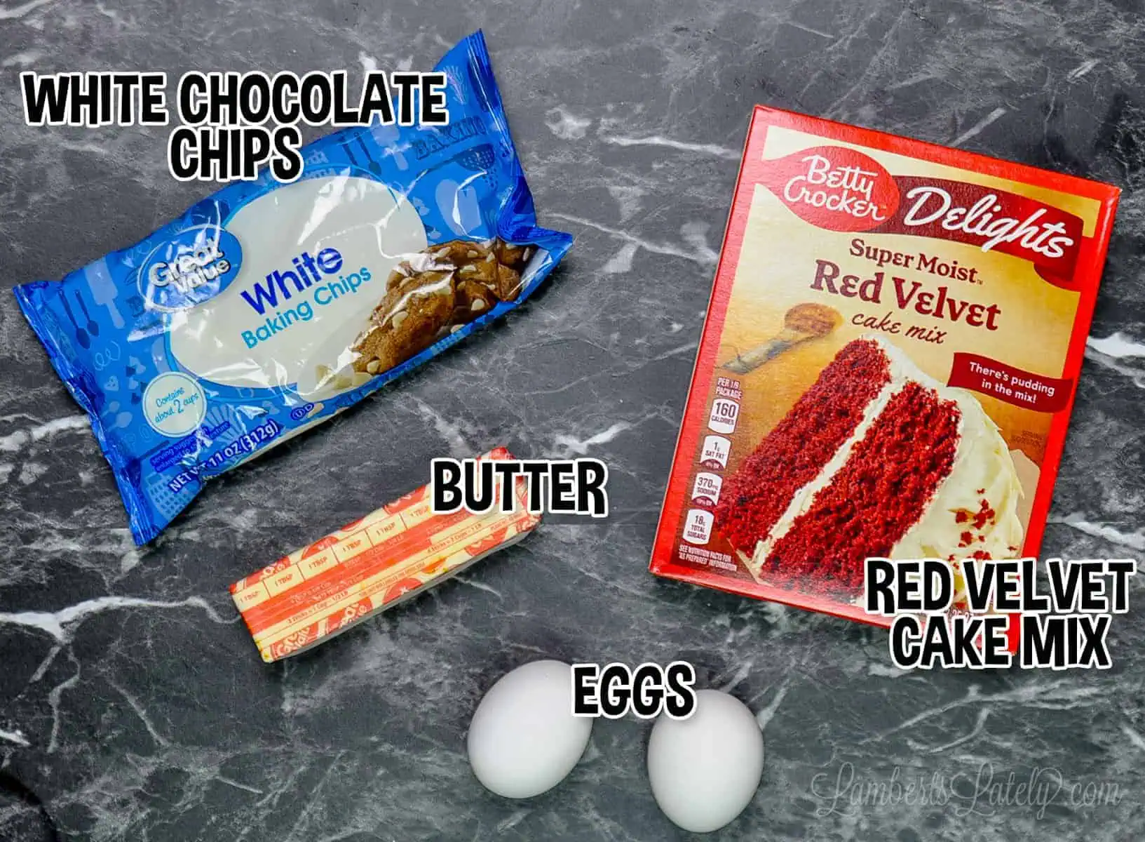 ingredients for red velvet cake mix cookies.